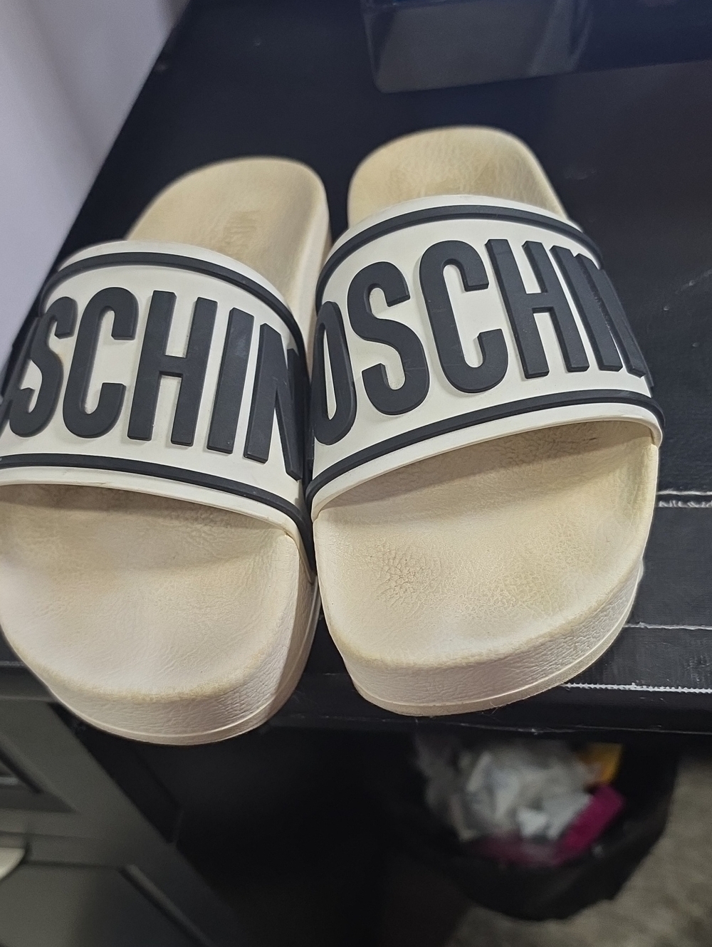 Moschino Cream and Black Logo Slide Sandals